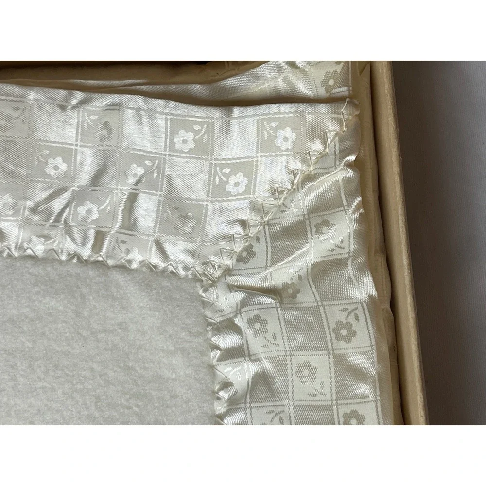 Vintage Quiltex Baby Blanket in Original Box 70s White Plush Satin Trim Nursery